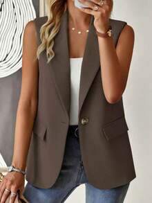 Blazer sin mangas de estilo elegante de color verde oliva para mujer, chaleco casual con solapa y botón en tela tejida lisa, corte regular - Marrón - Ver 1