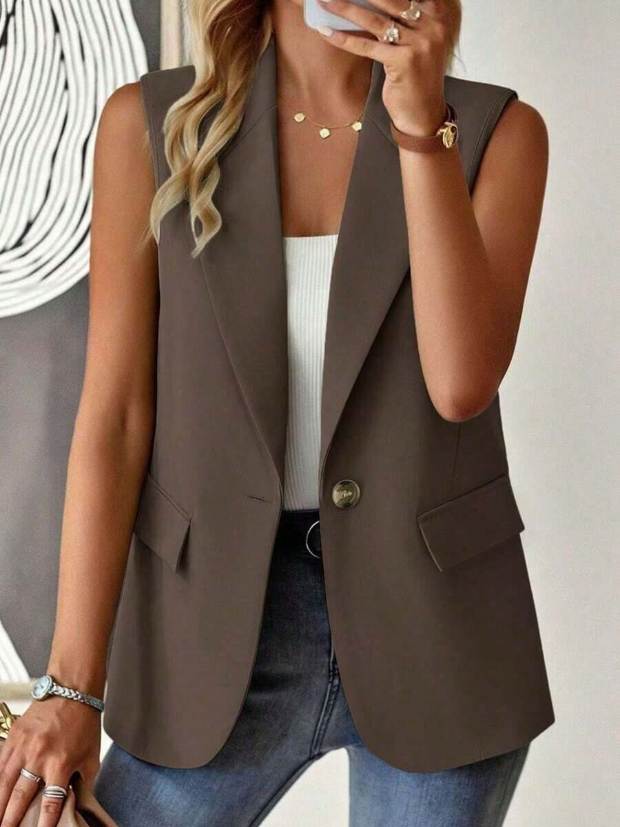 Blazer sin mangas de estilo elegante de color verde oliva para mujer, chaleco casual con solapa y botón en tela tejida lisa, corte regular - Marrón - Ver 1