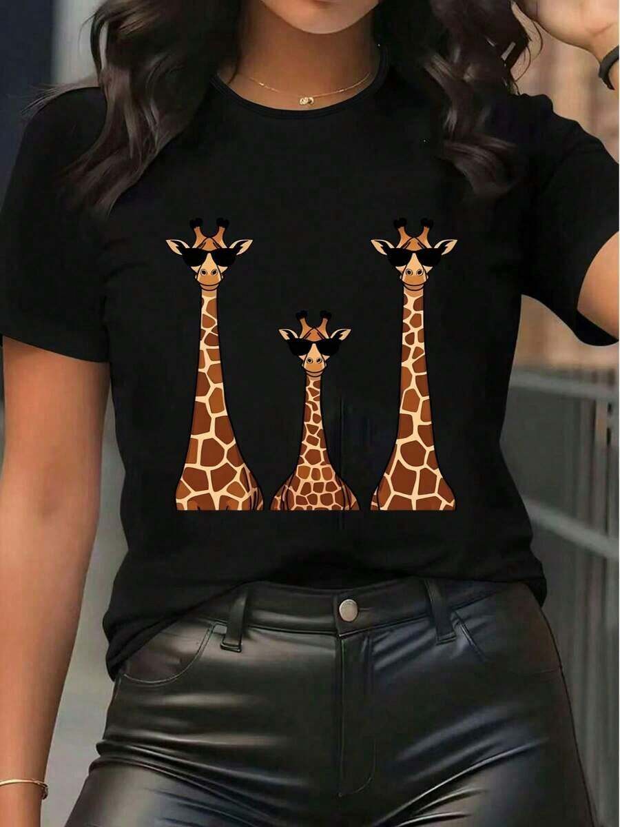 ropa de mujer Camiseta de manga corta con cuello redondo y estampado gráfico de jirafa, camiseta informal de corte holgado para verano con divertido estampado de gafas de sol de animales, para uso diario, suave y cómoda, camiseta básica para mujer, tops para mujer, camisetas para mujer, ropa para mujer, tops para mujer, blusas y camisetas, camiseta para mujer, ropa con motivos para mujer, ropa de verano, conjuntos de primavera para mujer, camisetas gráficas para mujer, top, tops de verano, camisas de mujer - Negro - Ver 1