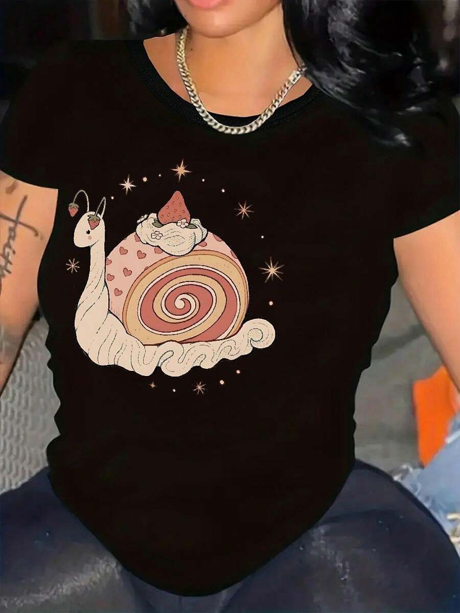 Talla Grande - Camiseta para Mujer con Diseño de Caracol y Rollo Suizo - Cuello Redondo Relajado, Mangas Cortas, Ajuste Cómodo, Ideal para Primavera/Verano - Lavable - Negro - Ver 1