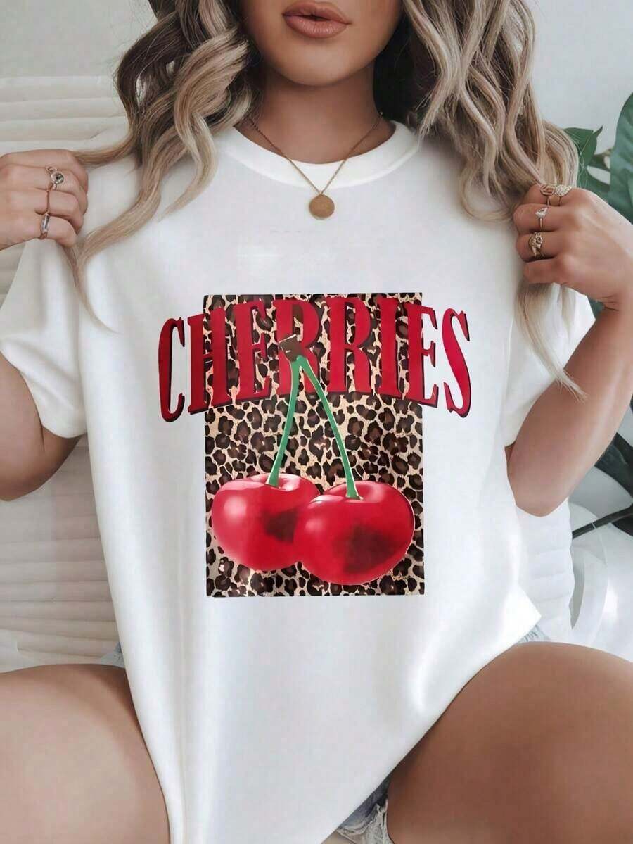 Camiseta Casual de Mujer con Diseño de Cerezas Vintage y Estampado de Leopardo con Frutas Rojas, Adecuada para Todas las Temporadas  
 -WhiteFashion - Blanco - Ver 1