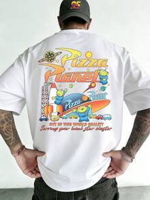 T-shirt à motif Pizza Planet à trois yeux, Disney Toy Story - Impression recto verso, T-shirt d'été à manches courtes pour homme, 100 % coton de haute qualité, confortable, respirant, coupe décontractée, unisexe, idéal pour un voyage à Disneyland, pour les couples, au quotidien, en ville, en vacances, à l'université ou pour les fans de Toy Story. - Blanc - Voir 3