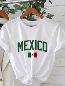 White T-Shirt With Mexican Flag Graphic Print - Simple Casual Style, 100% Pure Cotton - Soft And Comfortable, Crew Neck, Short Sleeve, Urban Fashion Top For All Seasons, Casual Streetwear | Y2k Crew Neck T-Shirt - 黑色 - 查看 9