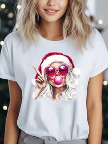1 pieza de camiseta gráfica de anime navideña para mujer - Top casual de manga corta con cuello redondo y diseño festivo de gorro de Papá Noel y gafas rosas, color negro, para usar en todas las estaciones, camisetas navideñas Y2k. - Blanco - Ver 10
