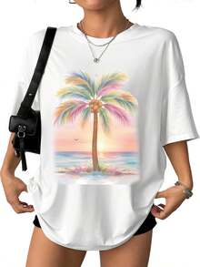 Camisetas casuales de nuevo estilo para hombre y mujer, primavera y verano, con estampado de cocotero arcoíris y playa tropical, tela suave y cómoda, casual y versátil, adecuada para ropa de verano, como regalo, almacén local - Camiseta unisex de manga corta, cuello redondo, de algodón suelto, estilo vintage urbano. - Blanco - Ver 1