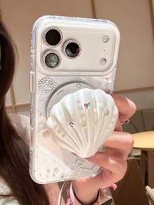 Elegante funda protectora con soporte magnético para teléfono, estilo coreano con cristales y concha, compatible con iPhone 17 Pro Max, 16 Pro Max, nuevo 15 Pro, 14 con cobertura completa y protección anti-caídas para mujeres - Blanco - Ver 3