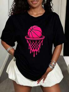 Women's Modern, Casual T-Shirt, Perfect For Parties And Lounging At Home. 100% Cotton, Loose Fit. Vintage Pink Basketball T-Shirt For Girls And Women, Graphic Tees, Casual Fashion, Top Style. - 黑色 - 查看 1