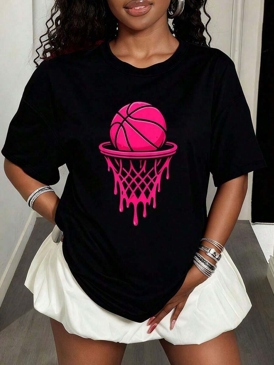 Women's Modern, Casual T-Shirt, Perfect For Parties And Lounging At Home. 100% Cotton, Loose Fit. Vintage Pink Basketball T-Shirt For Girls And Women, Graphic Tees, Casual Fashion, Top Style. - 黑色 - 查看 1
