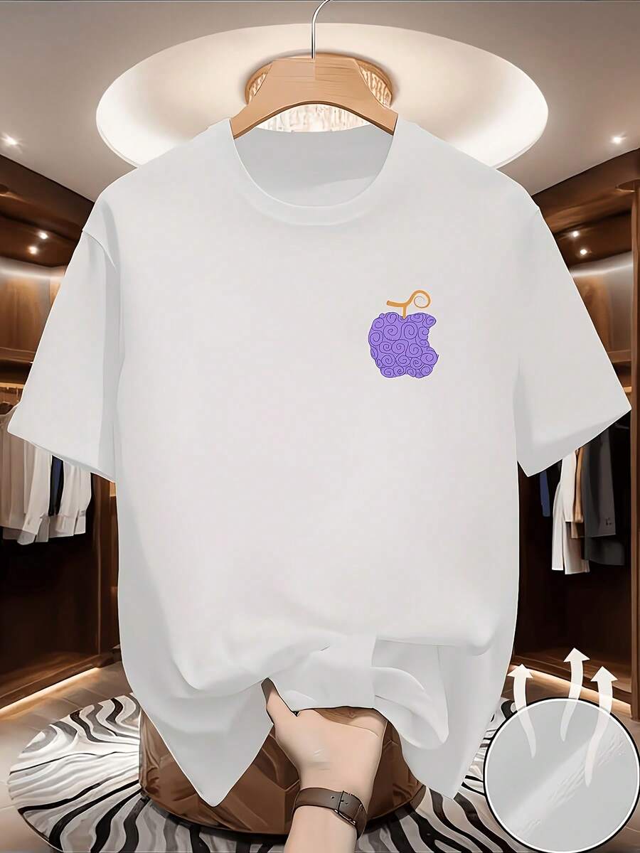 Camiseta Estampada con Tema de Fruta del Diablo Morado, Verano 2026, para Hombre, Estilo Urbano Versátil, Elástica, Cómoda, para Viajes y Desplazamientos, Cuello Redondo, Ropa de Verano, Atuendo Diario - Playa, Trotar y Estilo Urbano - Lavable a Máquina, Elección de Moda de Verano - Blanco - Ver 1