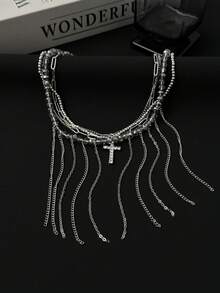 1pc Punk Style Sexy Rhinestone Cross Beaded Pendant Choker Necklace, Charming Dark Vibe Alloy Beaded Cross Necklace For Women, Suitable For Birthday Party, Festival, Daily Wear, Music Festival, Wedding Fashion Jewelry - Collar - View 9