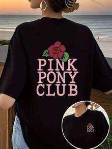 Camiseta Gráfica Rosa de Pony Club para Mujer - Estampado de doble cara con caballo en la parte delantera y trasera y letras rosas, top casual de manga corta con cuello redondo, corte relajado para primavera, verano y otoño, lavable a máquina, ropa para amantes de los caballos rosas para atuendos casuales y eventos temáticos, estampado floral con diseño de caballo rosa, tela moderadamente elástica, estilo listo para usar, ideal para usar en capas o solo, Camiseta Y2k. - Blanco - Ver 8