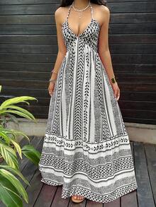 Vestido maxi con escote en V profundo, cuello halter, espalda descubierta y cintura con lazo, con lunares negros, estilo sexy y elegante europeo y americano, adecuado para primavera/verano y vacaciones en la playa - Blanco y Negro - Ver 5
