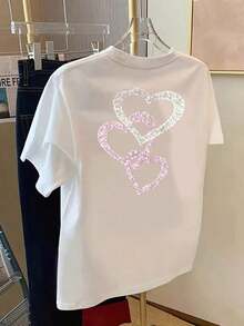 Women's Casual Short Sleeve T-Shirt, Summer 2026, Heart Print, Pink Heart Design On Front And Back, Fashionable Short Sleeves, Double-Sided Design - Personalized Style, Women's Everyday Wear - Casual Round Neck T-Shirt, Medium Stretch Fabric - Comfortable Fit. Plus Size Women's Summer Clothing, Free Clothing For National Independence Day - 白色 - 查看 2