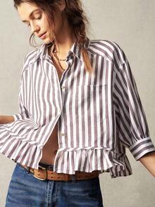 Camisa de rayas tejida para mujer con cuello, manga 3/4 con volantes y corte holgado, ideal para vacaciones - Marrón - Ver 4