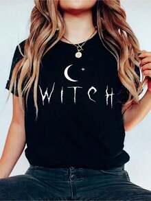 Camiseta de manga corta con cuello redondo de algodón negro de 180 gramos, estampada con un motivo de bruja y luna, camiseta casual con diseño, adecuada para Halloween, top de estilo gótico holgado, tela suave y cómoda, ropa moderna para mujer, ideal para noches de terror y uso diario. - Negro - Ver 7