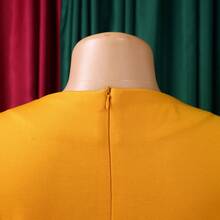 Vestido elegante de fiesta de color liso, estilo europeo-americano nuevo, cuello redondo, manga larga, cintura alta y corte en línea A - Amarillo + Cinturón - Ver 3