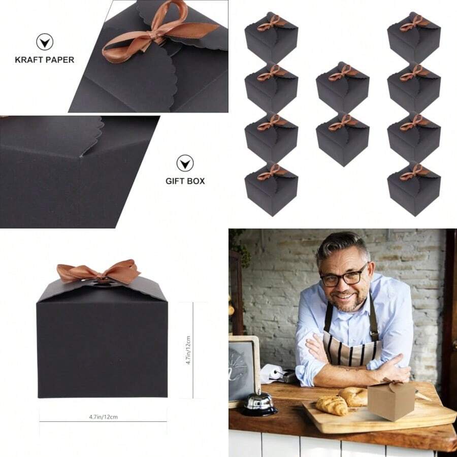 jojofuny 10 Cajas para Cupcakes Individuales Negras Soporte Inferior y Lazo, Caja de Poliéster Portátil para Guardar Pasteles en Embalaje Elegante Color - como en la imagen - Ver 1