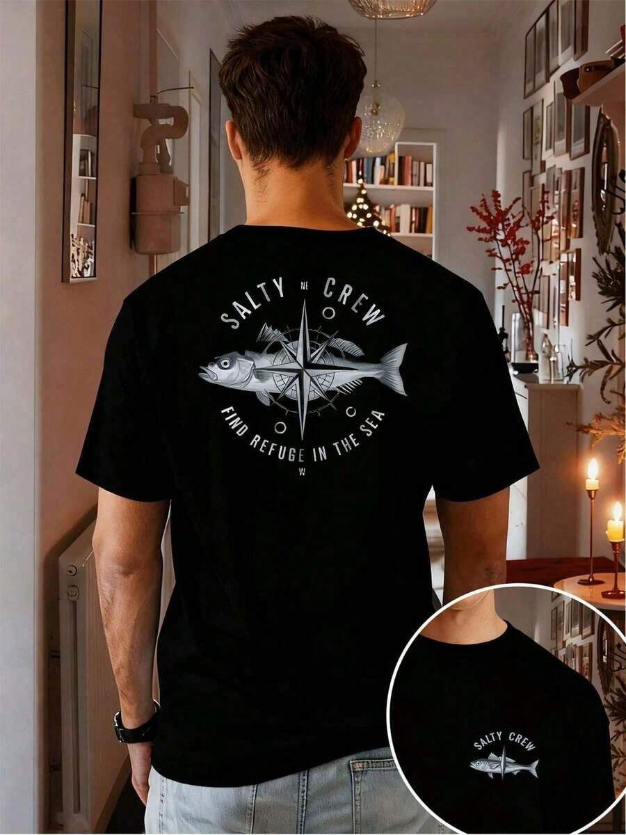 Men's Crew Neck T-Shirt 100% Cotton T-Shirt Salty Crew Compass Fish Spring T-Shirt, Casual, Breathable, Eye-Catching Print, Double-Sided Print - 黑色 - 查看 1