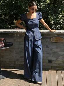 Conjunto casual de verano de mujer con top de mezclilla de cuello cuadrado de manga corta y jeans rectos - Azul lavado oscuro - Ver 5