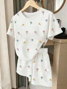 Conjunto informal de 2 piezas con estampado de limón y rayas, adecuado para uso diario - Multicolor 6 - Ver 3