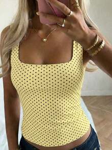 Top de punto con estampado de lunares blancos en estilo , blusa sin mangas adecuada para la playa, el trayecto y el uso casual de verano - Amarillo - Ver 12