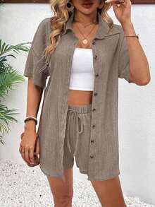 Conjunto de 2 piezas con blusa de manga corta de cuello de botones y shorts con lazo delantero, sencillo, para mujer - Caqui 2 - Ver 6