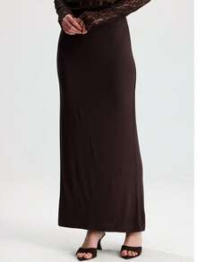 RoseArya Long Plain Straight Maxi Skirt - Brown - View 4