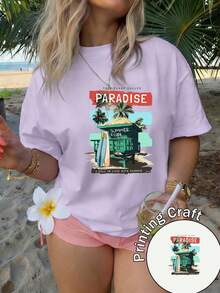 Women's Short-Sleeved T-Shirt, 100% Polyester, Round Neck, Tropical Print Of Hawaiian Hut And Surfboard, Casual Style, Machine Washable, Summer 2026, Ideal For Travel And Everyday Wear - 紫色 - 查看 6