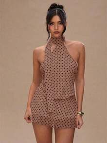 Vestido mini con cuello halter y espalda descubierta con estampado de lunares, para el verano - Marrón - Ver 7