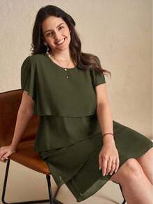 Reflora Vestido de moda con cuello redondo, mangas con volantes y estampado floral para mujer de talla grande - Verde militar - Ver 7