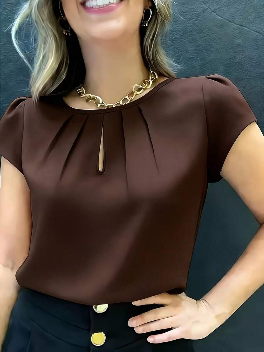 1pc Elegant Short Sleeve Solid Color Woven Fabric Pleated Decor Women Top, Suitable For Vacation, School, Date, Spring/Summer - Coffee Brown - View 1