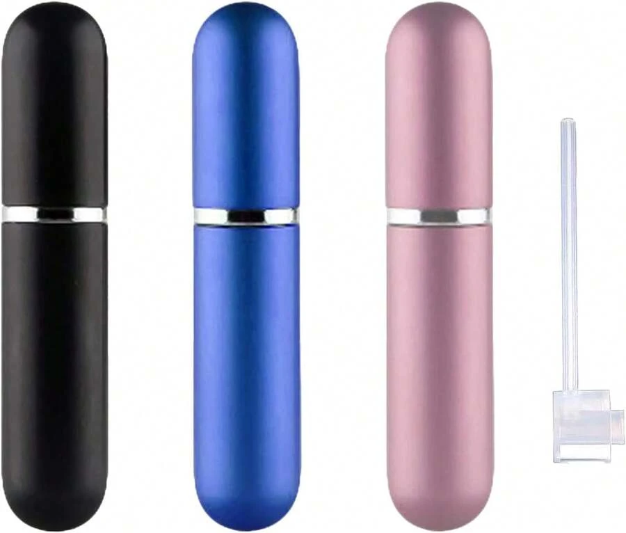 Travel Refillable Perfume Atomisers, 5ML, 3 Pcs Mini Portable Spray Bottles, Round Tube Set With 1 Flat Separated Tool, For Home Business Trip (Black+Blue+Champagne)(4pcs) - ColorA - View 1