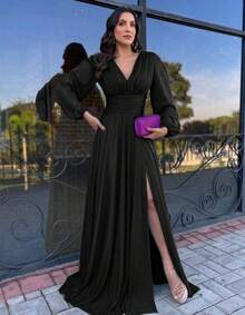 Long Dress For Graduation, Party, Wedding, Evening, Bridesmaid With Sparkle - Black - View 1