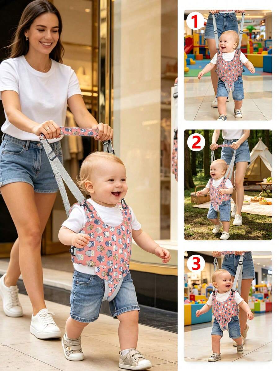 1 pieza Nuevo arnés asistente de marcha para bebés, chaleco de caminador de bebé estilo cesta estampado, cinturón de multifuncional para caminar de bebé de 4 estaciones, entrenador de marcha de mano para niños, herramienta de aprendizaje de marcha para bebés - Búho rojo festoneado - Ver 1