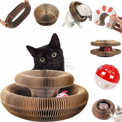 【折叠猫玩具】猫抓板和魔术装置猫玩具 - 互动式可折叠纸板抓板，防流口水、防抓挠、耐磨损，多层设计，适合室内玩耍，节省空间，适合所有品种的猫咪，包括幼猫和成猫。【魔术装置】-猫抓板，耐磨损室内互动宠物玩具 -【圆形球轨道魔术装置】| 猫抓板 - 猫互动玩具纸板抓板 | 猫玩具