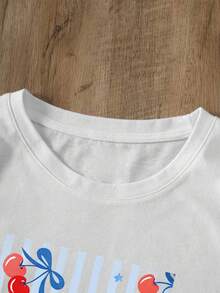 Camiseta blanca para mujer con estampado patriótico de cerezas "AMERICA", estilo casual veraniego Camiseta casual de verano con gráfico de cerezas y estrellas, estilo festivo y favorecedor - YH329-Blanco - Ver 4
