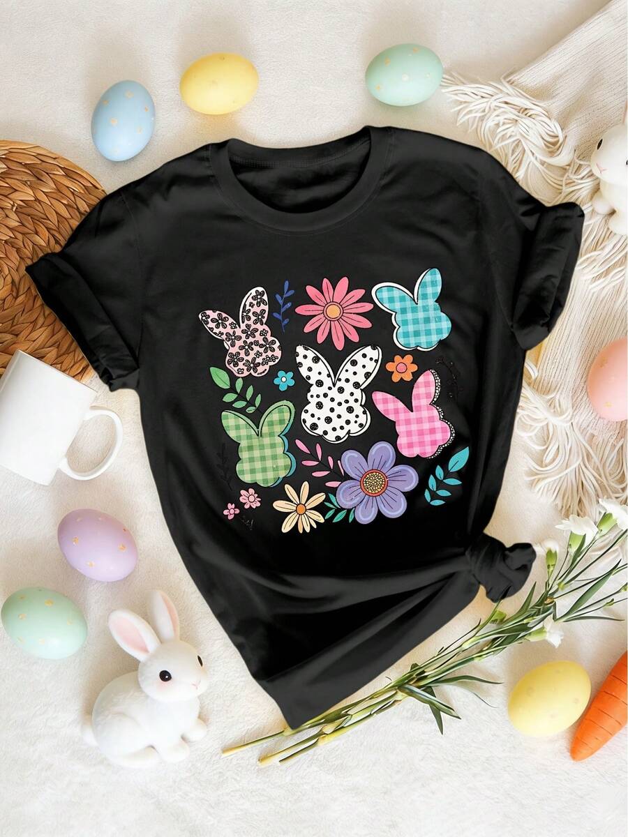 Women's Short Sleeve T-Shirt - Floral Rabbit Print, Casual Round Neck Top, Stretchy And Comfortable Fit For Spring, Summer And Autumn, Machine Washable, Available In Sizes S-XXL, Gnome T-Shirt, Stylish Printed Shirt, Opaque Material - 黑色 - 查看 1