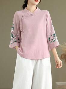 LUCIDVUE 1件女款唐裝刺繡上衣，春夏復古盤扣亞麻襯衫，優雅漢服風度假穿搭 - 粉色 - 查看 10
