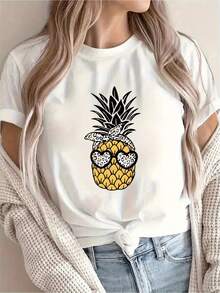 [New Arrival Recommendation] Women's Casual Summer Pineapple Tropical Pattern Printed T-Shirt, Vacation Wear, Short Sleeve, Round Neck, Spring/Summer, Machine Washable, New Women's Clothing, Versatile For Going Out, Suitable For Sports. - 白色 - 查看 6