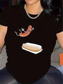 Oversized Short-Sleeved Polyester T-Shirt With A Fun Hot Dog Print, Suitable For Wearing In Restaurants Or At Home, Brightly Colored, Durable And Lightweight, Ideal For Casual Wear And Daily Activities. - 黑色 - 查看 6