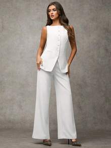 Traje de pantalón sin mangas negro para mujer con detalles de botones dorados con rosas, casual de negocios para otoño/invierno - Blanco - Ver 3