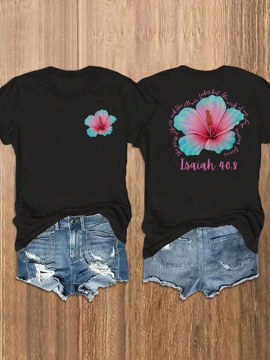 Women's Casual Summer Slogan Print Short-Sleeved T-Shirt With Round Neck - 黑色 - 查看 1