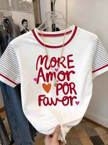 Camiseta casual de mujer de cuello redondo y manga corta con estampado de letras y rayas - Multicolor 3 - Ver 3