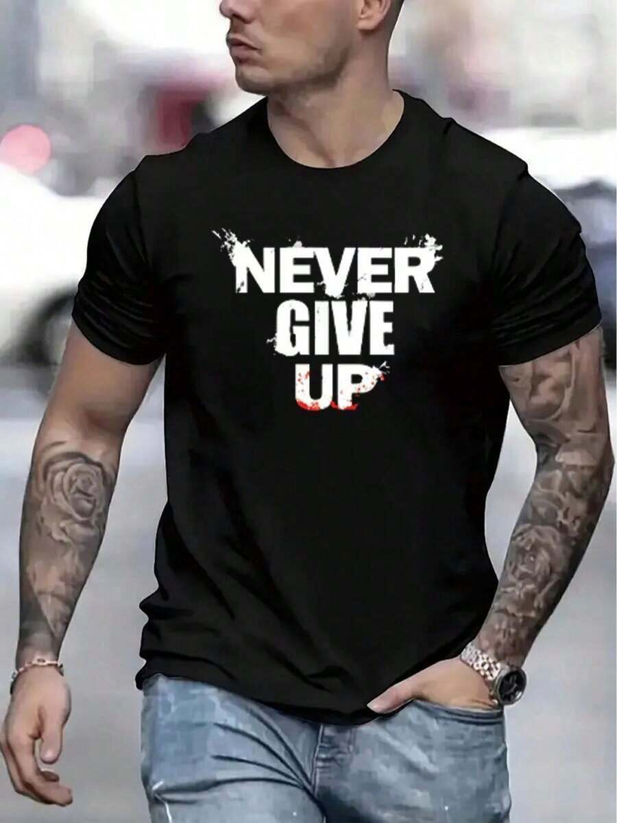 Camiseta de hombre estilo urbano, cuello redondo cómodo, manga corta de algodón informal, top suave y transpirable, ropa de hombre, estilo urbano de verano y primavera, tela de algodón, estampado de letras. - Negro - Ver 1
