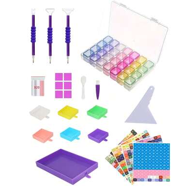 Purple Diamond Art Painting Tools Diamond Set Quick Diamond Pen Kit Diamond Art Painting Multifunctional Diamond Disk Set DIY Diamond Embroidery Diamond Pen 28-Grid Diamond Disc Tool Set