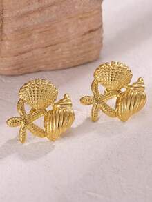 New Arrival Ocean Vacation Style Starfish, Shell, Conch Stacked Pattern Earrings - Gold - View 1