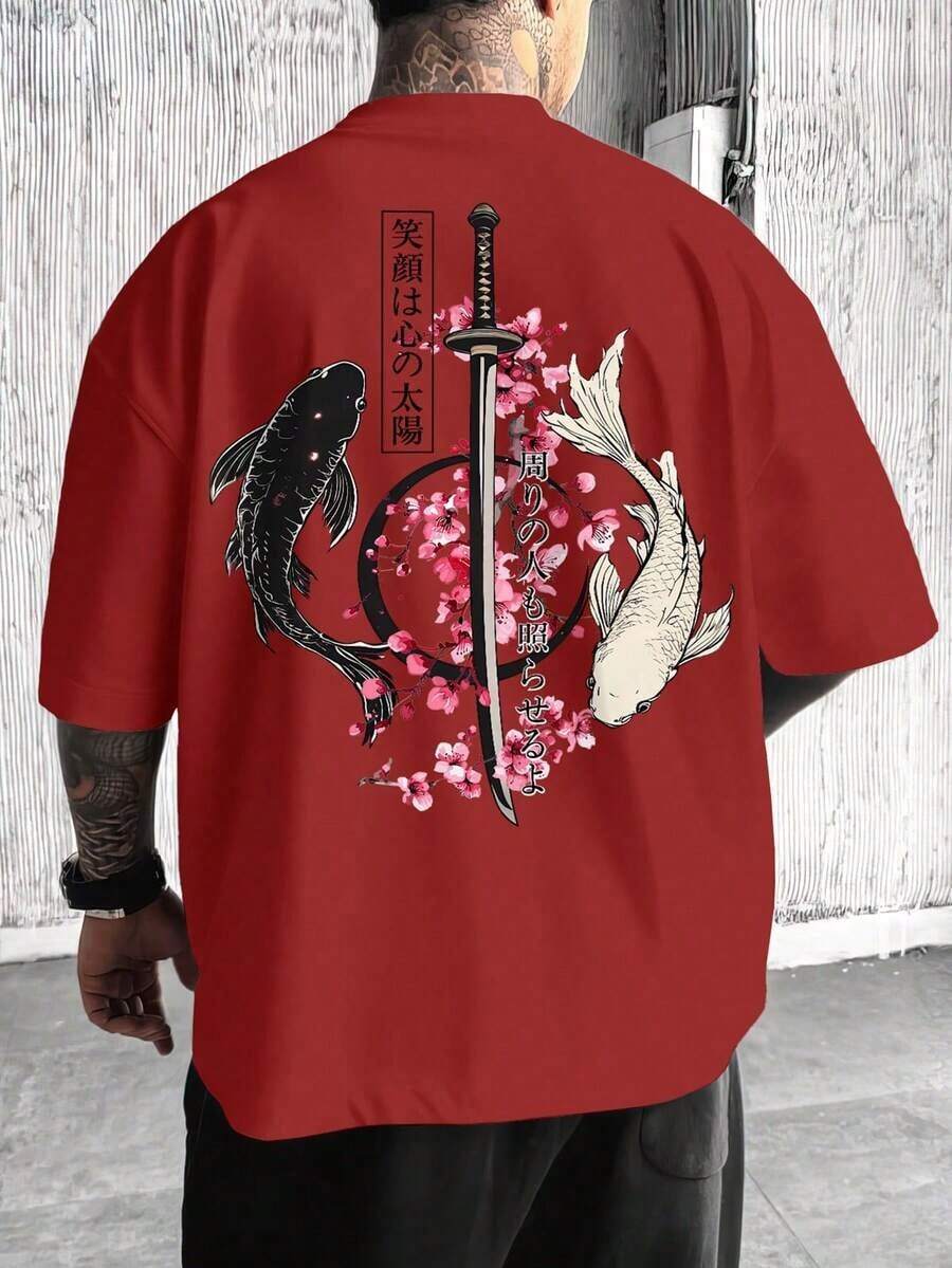 Camiseta gráfica de samurai japonés con pez koi y sakura, de poliéster 100% ligero, oversize, estilo callejero Harajuku, con estampado en la espalda, casual de verano - Rojo - Ver 1