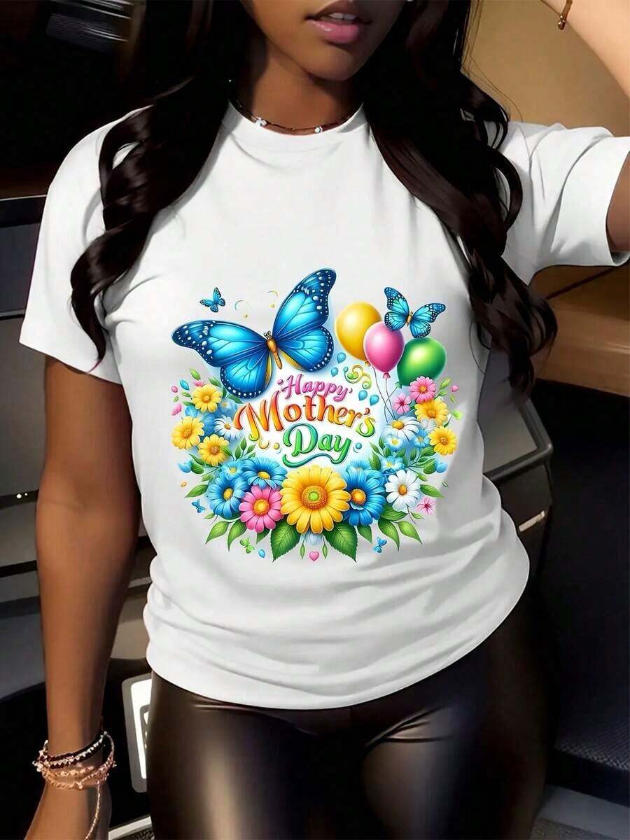 Camiseta de Mujer con Estampado Floral de Mariposas para el Día de la Madre - Camiseta Casual de Cuello Redondo "Mejor Mamá", lavable a máquina, regalo para el Día de la Madre, color cómodo, adecuada para todas las estaciones, Navidad, Pascua, Halloween, Acción de Gracias, etc. , camiseta de manga corta para mujer, camiseta casual de cuello redondo, adecuada para uso diario y viajes. - Blanco - Ver 1