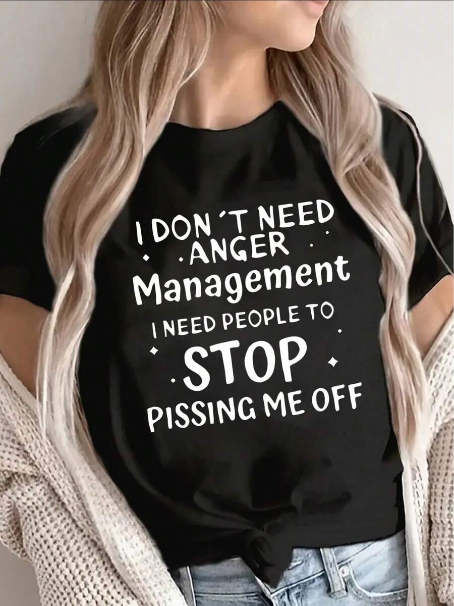 Short-Sleeved T-Shirt With The Bold Slogan "I Don't Need Anger Therapy, I Need People To Stop Bothering Me." Casual Wear For Home, Restaurants, Or Everyday Use. Lightweight And Durable Design. - 黑色 - 查看 1