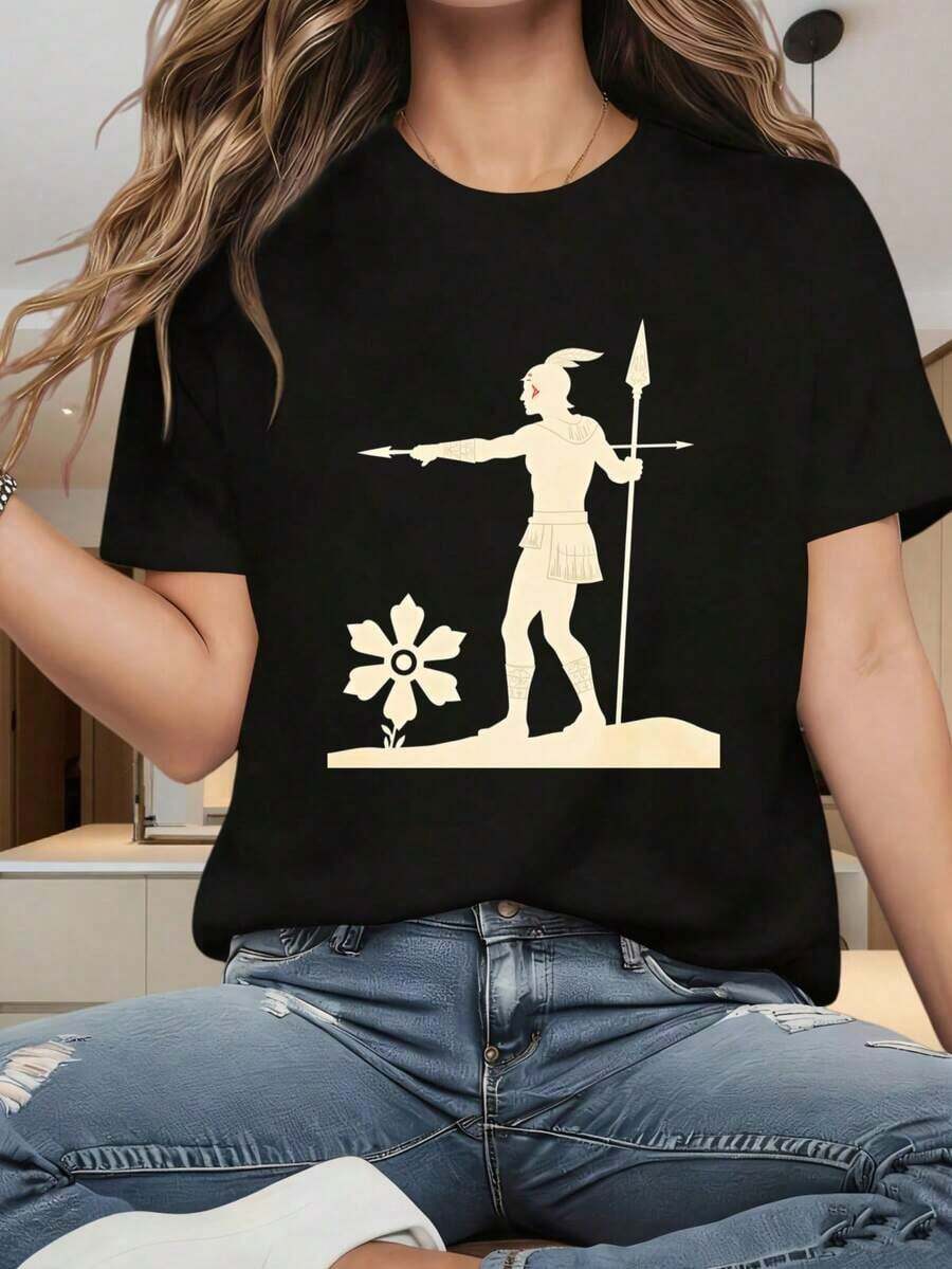Camiseta de Mujer con Estampado Gráfico, Algodón Ligero, Verano, Cuello Redondo, Manga Corta, Camiseta con Gráfico de Guerrero Antiguo con Lanza y Flor, Top Negro Casual para Mujer, Ropa de Moda, Estampados Divertidos, Adecuada para Fiestas de Navidad, Actividades Deportivas, Fiestas de Vacaciones, Salidas, Deportes y Otros Regalos Festivos (220g). Oversize Camiseta Mujer Estampado 100% Algodón Puro - Negro - Ver 1